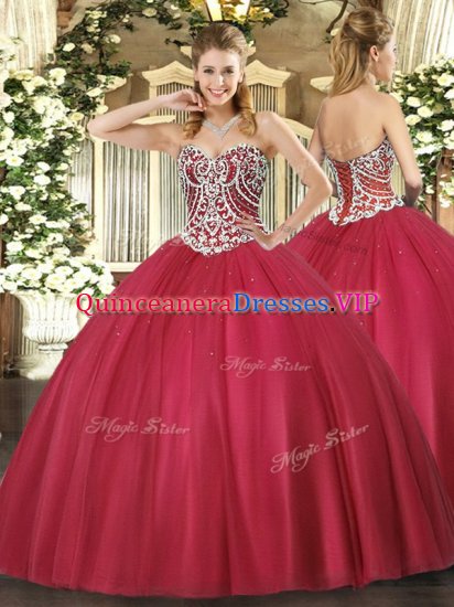 Artistic Floor Length Red Sweet 16 Quinceanera Dress Tulle Sleeveless Beading - Click Image to Close