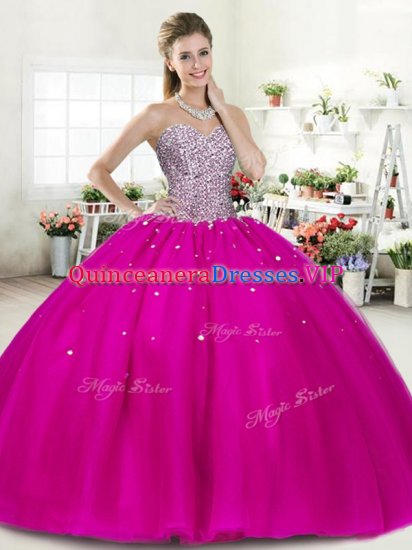 Fuchsia Sweetheart Lace Up Beading Sweet 16 Dress Sleeveless - Click Image to Close