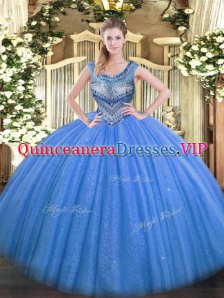Scoop Sleeveless Sweet 16 Dresses Floor Length Beading Blue Tulle