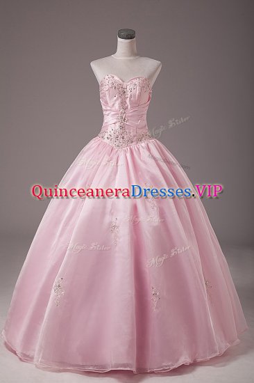 Beading and Embroidery Ball Gown Prom Dress Baby Pink Lace Up Sleeveless Floor Length - Click Image to Close