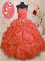 Sexy Orange Red 15th Birthday Dress Military Ball and Sweet 16 and Quinceanera with Beading and Ruffles and Ruching Strapless Sleeveless Lace Up