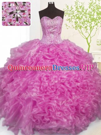 Fantastic Lilac Ball Gowns Sweetheart Sleeveless Organza Floor Length Lace Up Beading and Ruffles and Pick Ups Quinceanera Gown