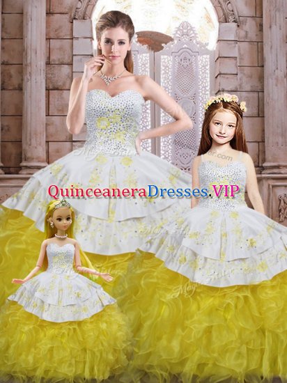 Yellow And White Lace Up Sweet 16 Quinceanera Dress Beading and Appliques and Ruffles Sleeveless Floor Length - Click Image to Close