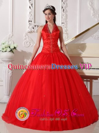 Brazoria TX A-line Halter Beaded Decorate Red Tulle Sweet 16 Dress