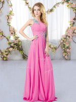 Low Price Rose Pink Chiffon Zipper Damas Dress Sleeveless Floor Length Beading