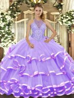 Latest Lavender Sleeveless Organza Lace Up Sweet 16 Quinceanera Dress for Military Ball and Sweet 16 and Quinceanera