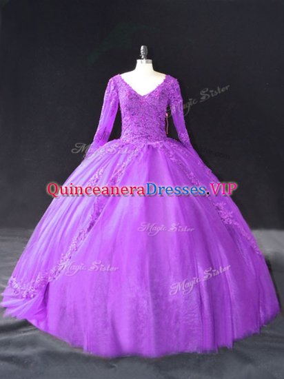 Luxury Floor Length Ball Gowns Long Sleeves Purple Vestidos de Quinceanera Lace Up - Click Image to Close