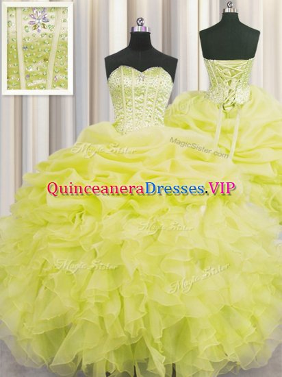 Visible Boning Organza Sweetheart Sleeveless Lace Up Beading and Ruffles and Pick Ups Quinceanera Gowns in Yellow - Click Image to Close