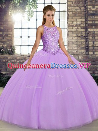 Lavender Tulle Lace Up Sweet 16 Dress Sleeveless Floor Length Embroidery