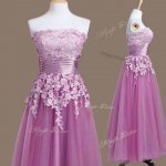 Classical Lilac Strapless Neckline Appliques Court Dresses for Sweet 16 Sleeveless Lace Up