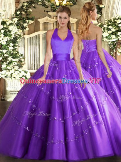 Purple Halter Top Lace Up Appliques Quinceanera Dress Sleeveless - Click Image to Close