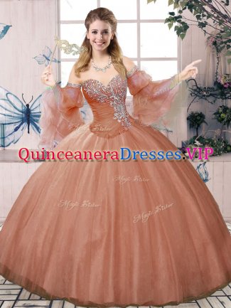 Classical Sleeveless Tulle Floor Length Lace Up 15th Birthday Dress in Rust Red with Beading
