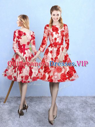 Elegant Knee Length Red Dama Dress for Quinceanera Scoop 3 4 Length Sleeve Lace Up