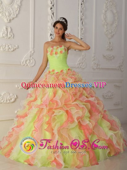 Bayreuth Germany Gorgeous Strapless Quinceanera Dress With Hand Made Flowers Ruffles Layered and Ruched Bodice - Click Image to Close