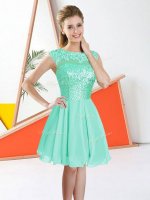 Luxurious Chiffon Bateau Sleeveless Backless Beading and Lace Quinceanera Court of Honor Dress in Turquoise