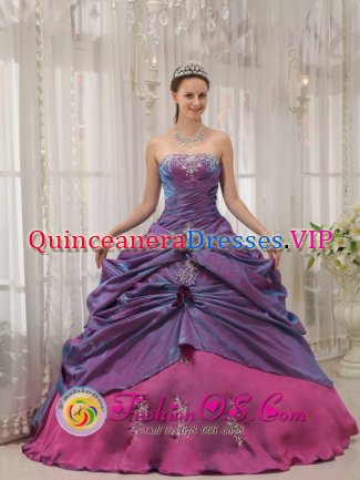 Lisnaskea Fermanagh Informal Purple and Fuchsia Appliques Decorate Bodice Sweet 16 Dress Strapless Taffeta Quinceanera Gowns