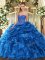 Sweetheart Sleeveless 15th Birthday Dress Floor Length Beading and Ruffles and Pick Ups Blue Organza