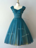 High Quality Teal V-neck Zipper Ruching Court Dresses for Sweet 16 Cap Sleeves