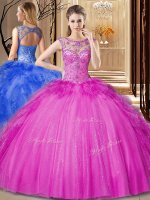 Scoop Sleeveless Tulle Ball Gown Prom Dress Beading and Ruffles Lace Up