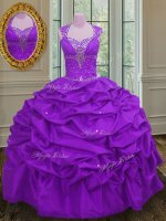 Straps Purple Ball Gowns Beading and Pick Ups 15 Quinceanera Dress Lace Up Taffeta Sleeveless Floor Length