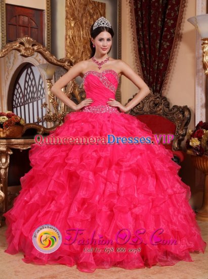 Varsinais-Suomi Finland Perfect Coral Red Ruffled Organza Quinceanera Dress With Beaded Decorate Sweetheart - Click Image to Close