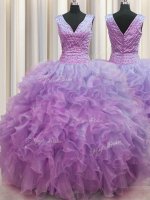 Fine Zipper Up Lilac Zipper V-neck Ruffles 15th Birthday Dress Organza Sleeveless(SKU PSSW0486-1BIZ)