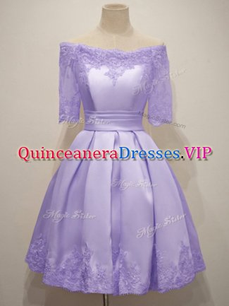 Lavender Lace Up Off The Shoulder Lace Quinceanera Court Dresses Taffeta Half Sleeves