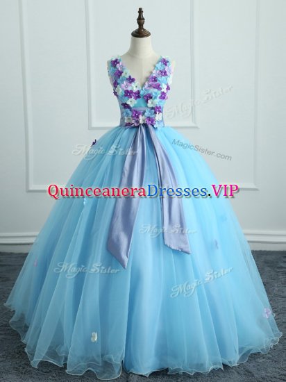 Sexy Light Blue Lace Up V-neck Appliques and Belt Quinceanera Dresses Organza Sleeveless - Click Image to Close