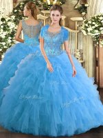 Enchanting Aqua Blue Scoop Clasp Handle Beading and Ruffled Layers 15th Birthday Dress Sleeveless