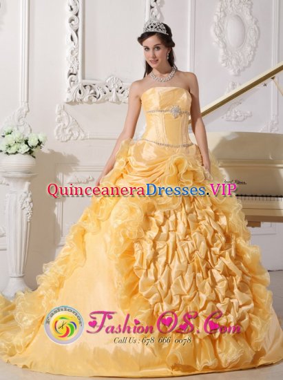 Carno Powys Exquisite Gold Quinceanera Dress For Strapless Chapel Train Taffeta and Organza pick-ups Beading Decorate Wasit Ball Gown - Click Image to Close