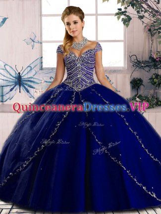 Most Popular Cap Sleeves Beading Lace Up 15 Quinceanera Dress with Royal Blue Brush Train