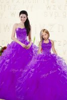 Charming Eggplant Purple Sweetheart Neckline Beading and Ruffles 15 Quinceanera Dress Sleeveless Lace Up