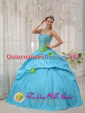 Baby Blue Beaded Decorate Bust and green Hand Flowers Quinceanera Dress With Strapless Pick-ups In Elandsfontein South Africa