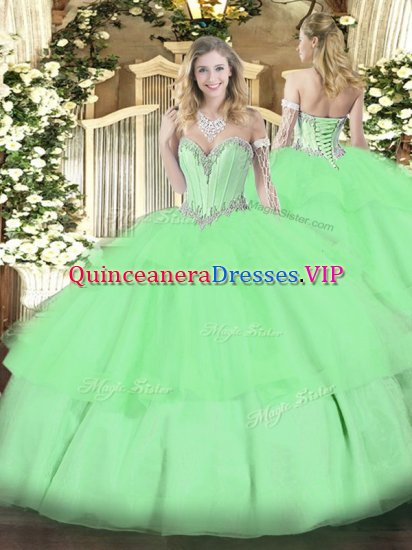 Sophisticated Apple Green Sweetheart Neckline Beading and Ruffled Layers 15 Quinceanera Dress Sleeveless Lace Up - Click Image to Close