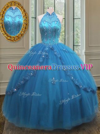 Blue Ball Gowns High-neck Sleeveless Tulle Floor Length Lace Up Beading and Appliques Quinceanera Gowns