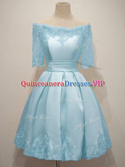 Fancy Knee Length Light Blue Court Dresses for Sweet 16 Off The Shoulder Half Sleeves Lace Up - Click Image to Close