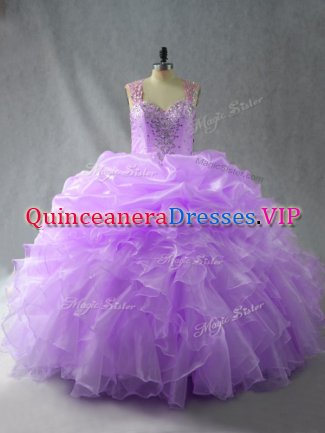 Lavender Ball Gowns Straps Sleeveless Organza Floor Length Zipper Beading and Ruffles Quinceanera Gown