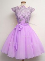 Custom Design A-line Court Dresses for Sweet 16 Lilac Scalloped Chiffon Cap Sleeves Knee Length Lace Up