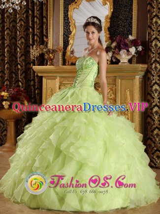 Carcassonne France Yellow Green Organza Ruffle Layers Quinceanera Dress With Applique decorate Strapless Bodice