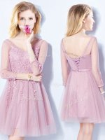 Unique Pink Tulle Lace Up Dama Dress for Quinceanera Sleeveless Mini Length Appliques and Belt