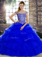 Comfortable Royal Blue Lace Up Ball Gown Prom Dress Beading and Pick Ups Sleeveless Brush Train