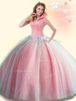 Floor Length Backless 15 Quinceanera Dress Watermelon Red for Military Ball and Sweet 16 and Quinceanera with Beading