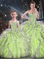 Floor Length Yellow Green Ball Gown Prom Dress Organza Sleeveless Beading and Ruffles