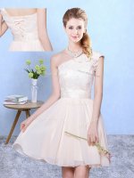 Champagne One Shoulder Neckline Appliques Quinceanera Court Dresses Cap Sleeves Lace Up