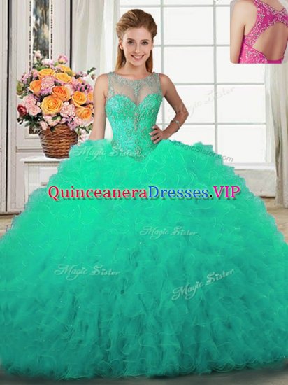 Scoop Turquoise Ball Gowns Beading and Ruffles Sweet 16 Dresses Lace Up Tulle Sleeveless Floor Length - Click Image to Close
