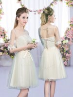 Champagne Scoop Neckline Lace and Bowknot Vestidos de Damas Half Sleeves Lace Up