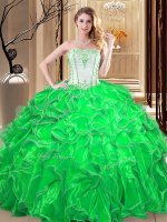 Dynamic Green Ball Gowns Organza Strapless Sleeveless Embroidery and Ruffles Floor Length Lace Up Vestidos de Quinceanera(SKU YSQD052-2BIZ)