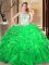 Dynamic Green Ball Gowns Organza Strapless Sleeveless Embroidery and Ruffles Floor Length Lace Up Vestidos de Quinceanera