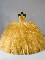 High-neck Sleeveless Zipper Sweet 16 Dress Gold Organza