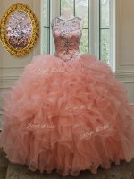 Excellent See Through Peach Ball Gowns Organza Scoop Sleeveless Beading and Ruffles Floor Length Lace Up Quince Ball Gowns